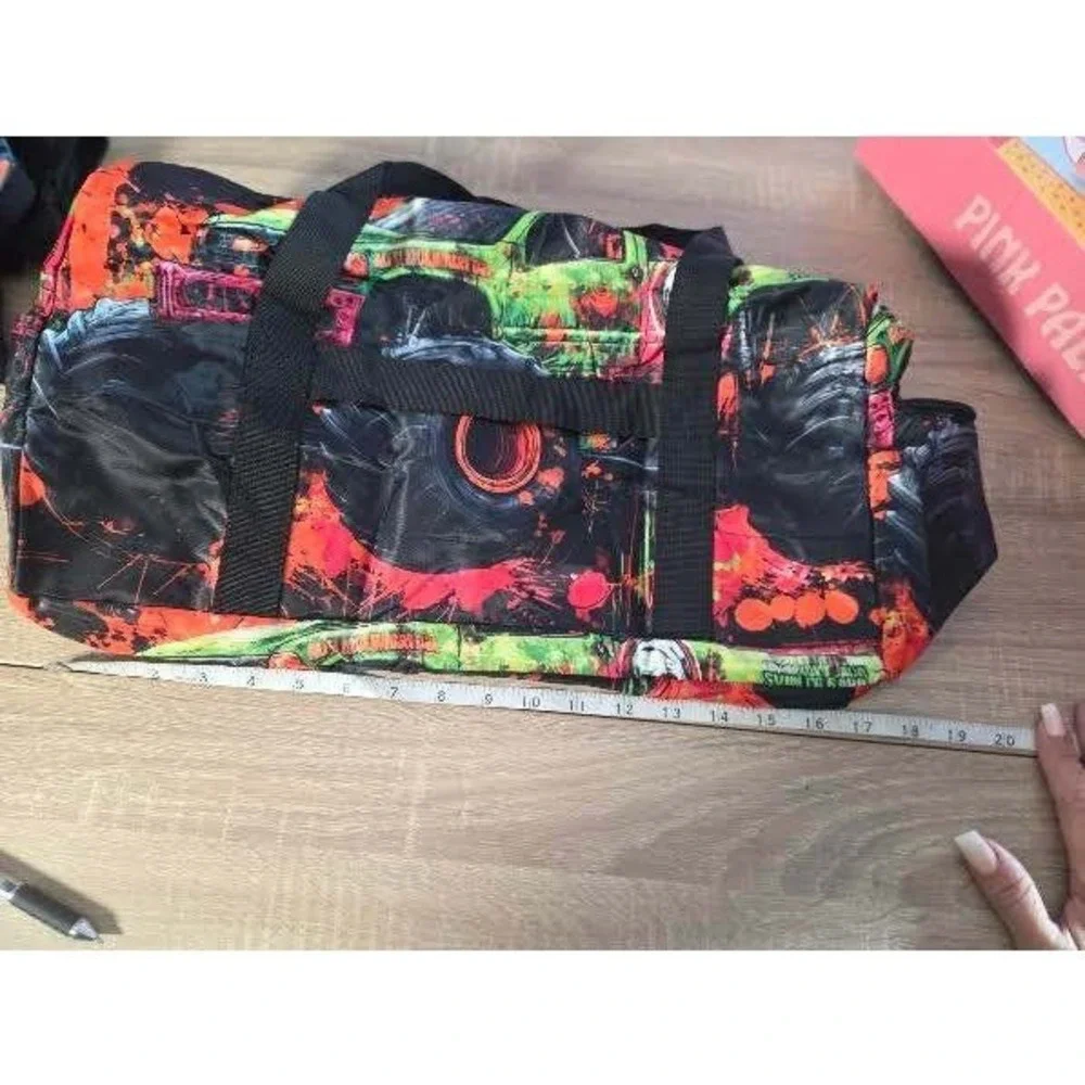 Monster Truck Duffel Bag Green Orange Splatter Graphic Travel Gym Sports Bag